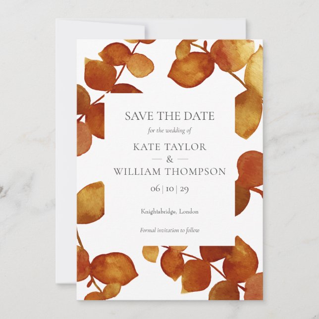 Terracotta Eucalyptus Watercolor Save the Date Invitation (Front)