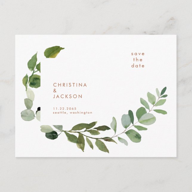 Terracotta Eucalyptus Wedding Save the Date Postcard (Front)
