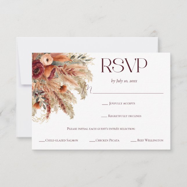 Terracotta Fall Dried Florals Pampas Meal Choice RSVP Card (Front)