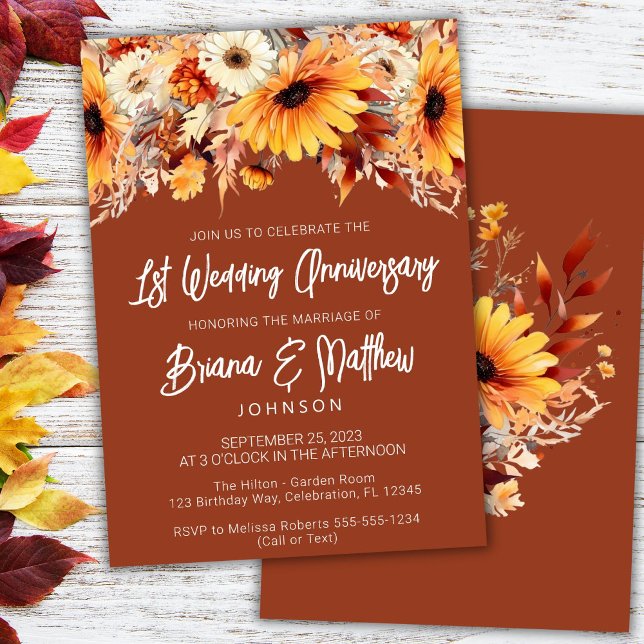 Terracotta Fall Floral 1st Wedding Anniversary  Invitation (Creator Uploaded)