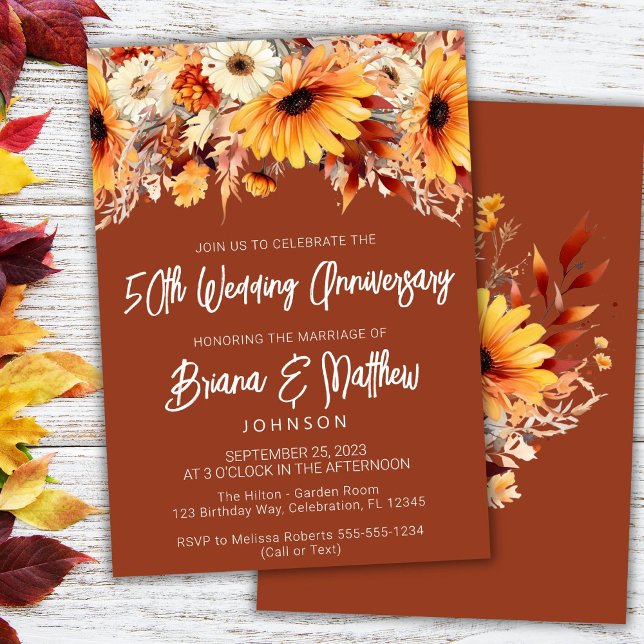 Terracotta Fall Floral 50th Wedding Anniversary  Invitation (Creator Uploaded)