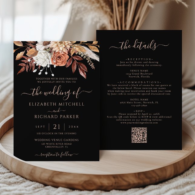 Terracotta Fall Floral Black All In One Wedding Invitation (Creator Uploaded)