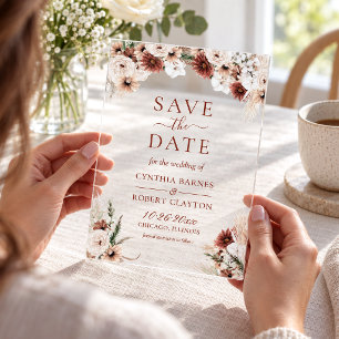 Terracotta Fall Floral Boho Acrylic Save the Date Invitations