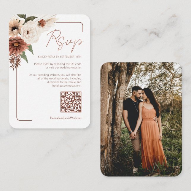 Terracotta Fall Floral Modern QR Code RSVP Enclosure Card (Front/Back)