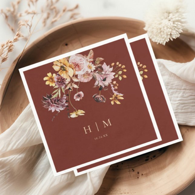 Terracotta Fall Floral Monogram Wedding  Napkin (Creator Uploaded)