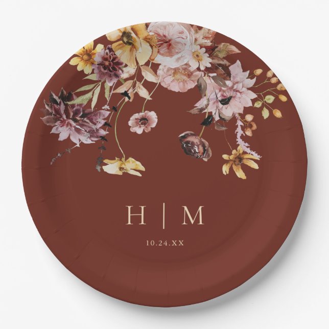 Terracotta Fall Floral Monogram Wedding  Paper Plate (Front)