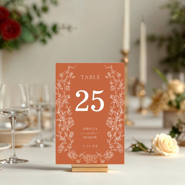 Terracotta Fall Floral Wedding Table Number (Terracotta autumn or fall vintage floral wedding table number)