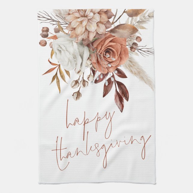  Terracotta Fall Florals Script Happy Thanksgiving Tea Towel (Vertical)