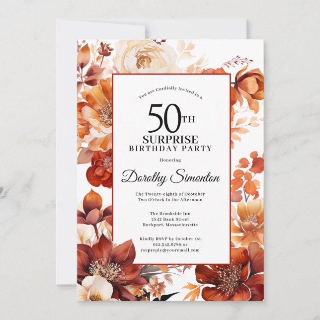 Terracotta Fall Flowers 50th Surprise Birthday Invitation (Front)