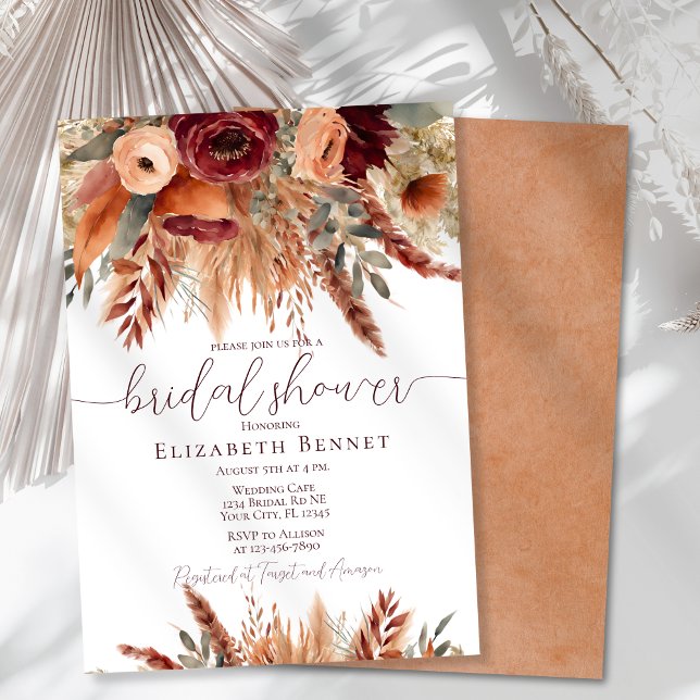 Terracotta Fall Flowers Pampas Grass Bridal Shower Invitation (Creator Uploaded)