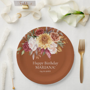 Terracotta Fall Foliage Flowers Birthday Party Paper Plate