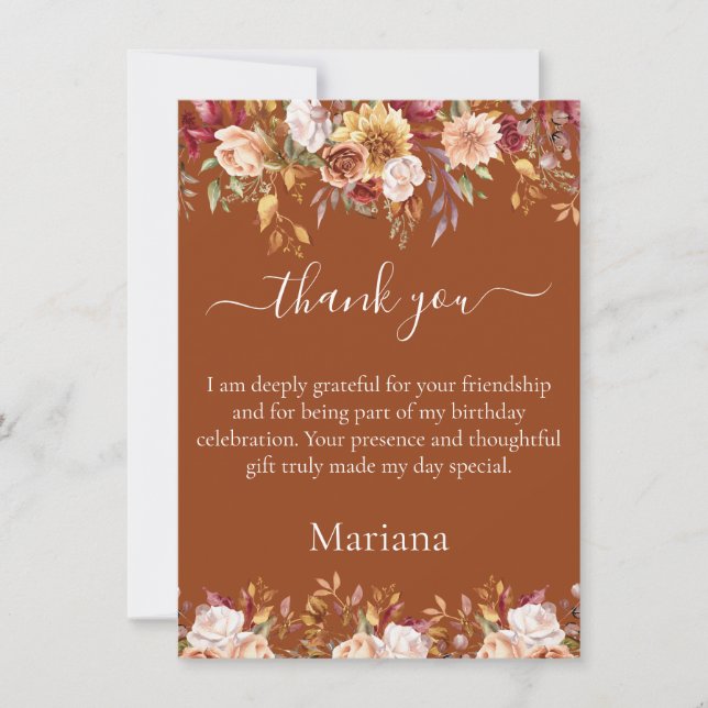 Terracotta Fall Foliage Flowers Thank You Card (Front)