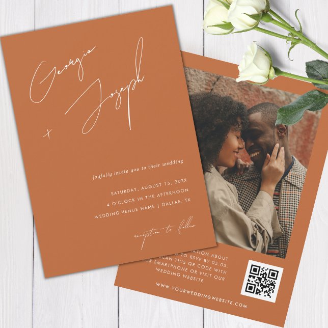Terracotta Fall | Script Photo QR Code Wedding Invitation (Creator Uploaded)