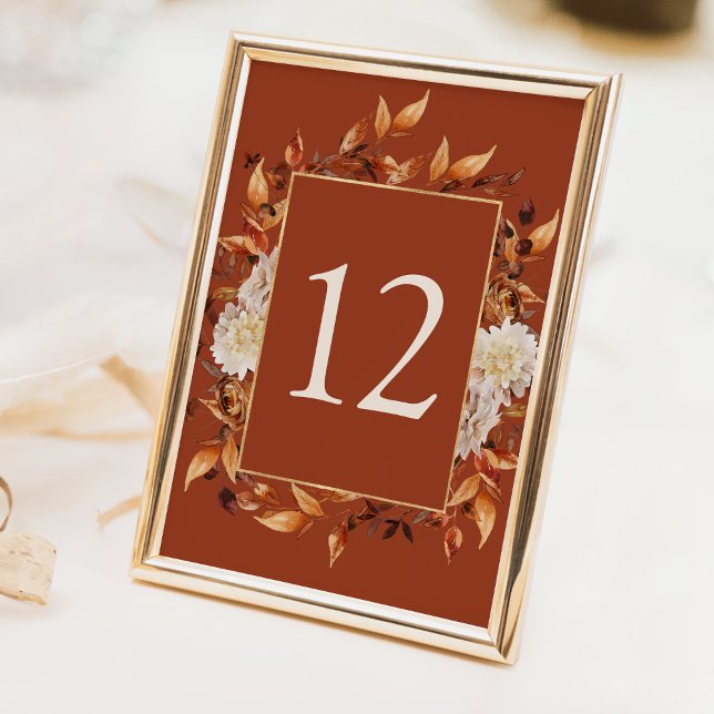 Terracotta Fall Table Number (Watercolor Terracotta Fall Floral Table Number Sign by Painted Paperie)