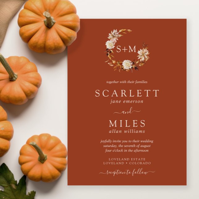 Terracotta Fall Terracotta Monogram Wreath Wedding Invitation (Terracotta Fall Terracotta Monogram Wreath Wedding Invitation by Painted Paperie
)