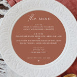 Terracotta Fall Wedding | Elegant Minimalist Round Menu<br><div class="desc">Add a warm, earthy vibe to your celebration with this elegant terracotta round menu card, designed for the modern boho couple. Featuring a clean minimalist layout and rich fall tone, this clay colour circular menu blends rustic charm with contemporary style. Perfect for autumn weddings, sunset ceremonies, or desert inspired events....</div>