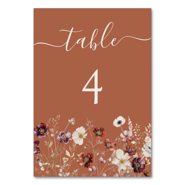 Terracotta Fall Wildflower Wedding Table Number (Front)