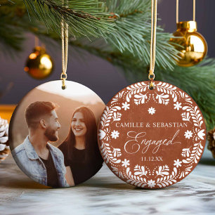 Terracotta First Christmas Engagement Photo Ceramic Ornament