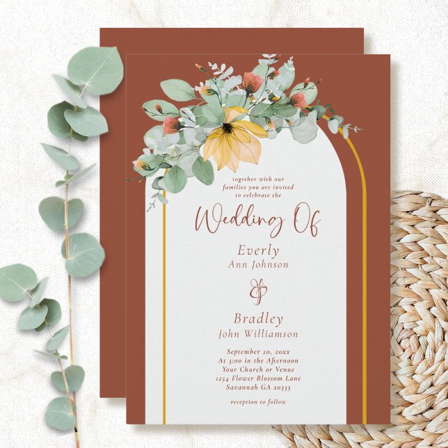 Terracotta Floral Arch QR Code Non Photo Wedding  Invitation (Creator Uploaded)