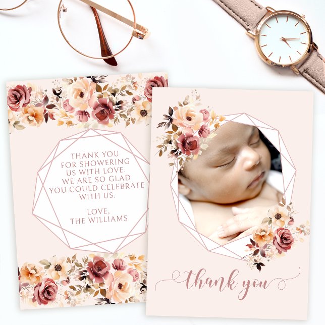 Terracotta floral baby shower photo thank you card (Creator Uploaded)
