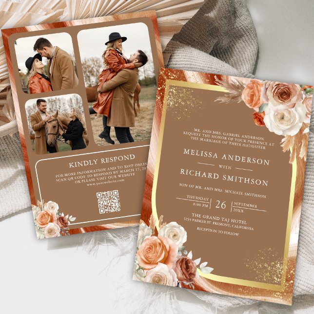Terracotta Floral Beige Gold Photo QR Code Wedding Invitation (Creator Uploaded)
