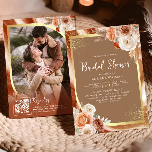 Terracotta Floral Beige Gold QR Code Bridal Shower Invitation