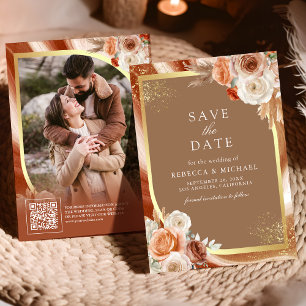 Terracotta Floral Beige Gold QR Code Photo Wedding Save The Date