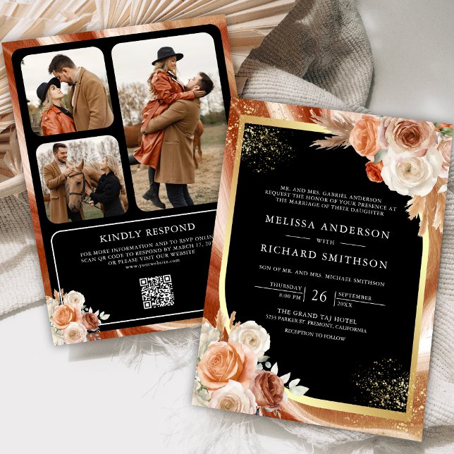 Terracotta Floral Black Gold Photo QR Code Wedding Invitation (Creator Uploaded)