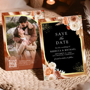 Terracotta Floral Black Gold QR Code Photo Wedding Save The Date
