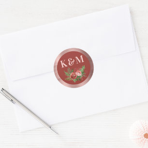 Terracotta Floral Blush Pink Christmas Monogram Classic Round Sticker