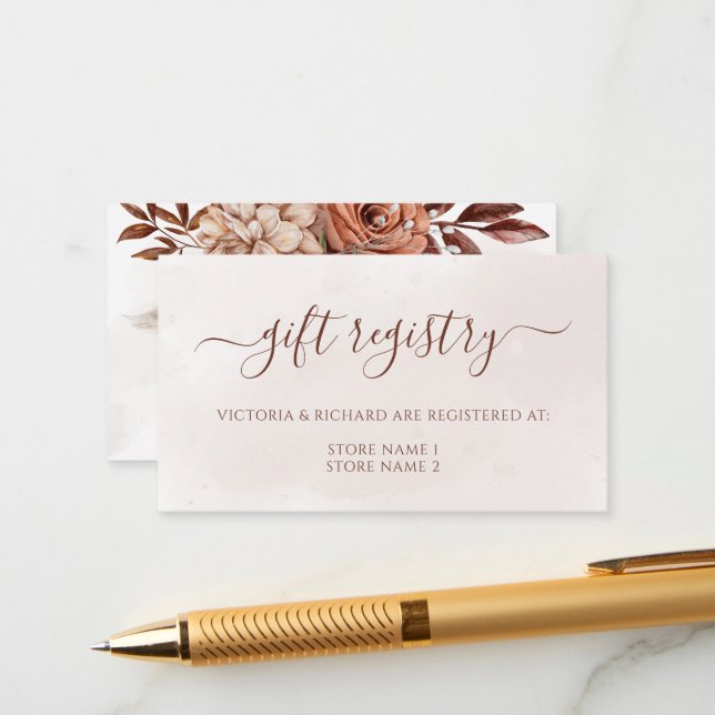 Terracotta Floral Boho Fall Wedding Gift Registry Enclosure Card (Front/Back In Situ)