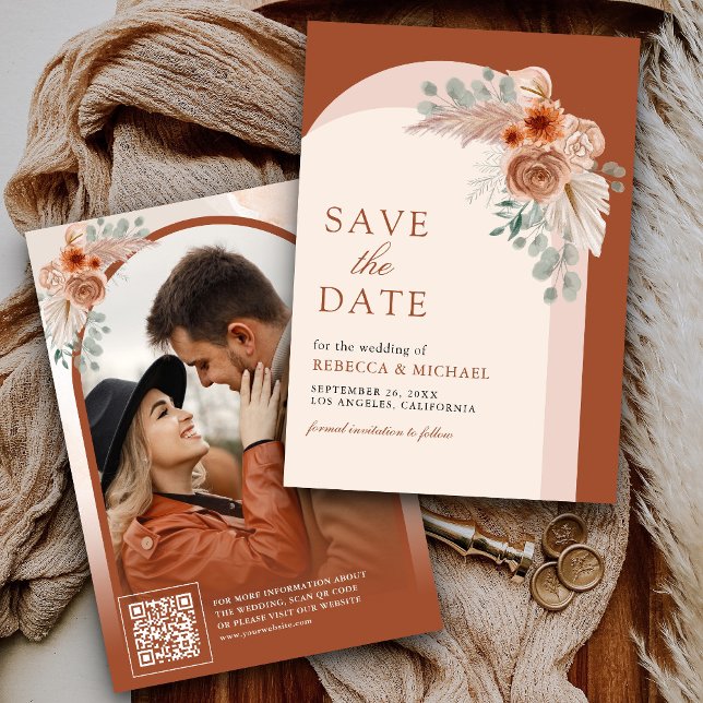 Terracotta Floral Boho Pampas Arch Photo QR Code Save The Date (Creator Uploaded)