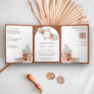 Terracotta Floral Boho Pampas Burnt Orange Wedding Tri-Fold Invitation