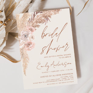 Terracotta Floral Boho Pampas Grass Bridal Shower Invitation