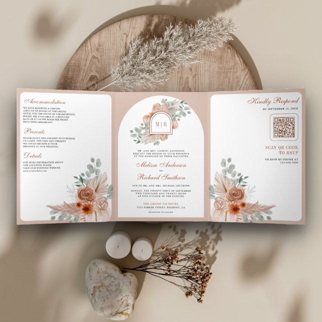 Terracotta Floral Boho Pampas QR Code Wedding Tri-Fold Invitation (Creator Uploaded)