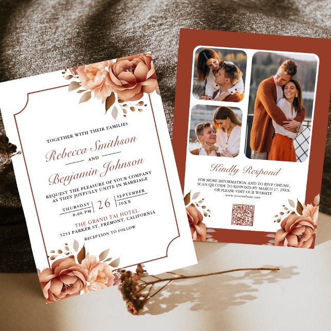 Terracotta Floral Border Photo QR Code Wedding Invitation (Creator Uploaded)