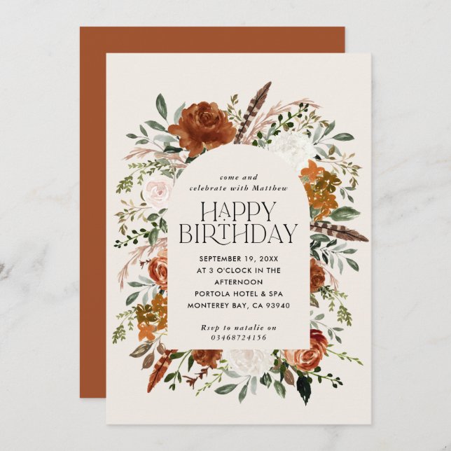 Terracotta floral botanical birthday modern rustic invitation (Front/Back)