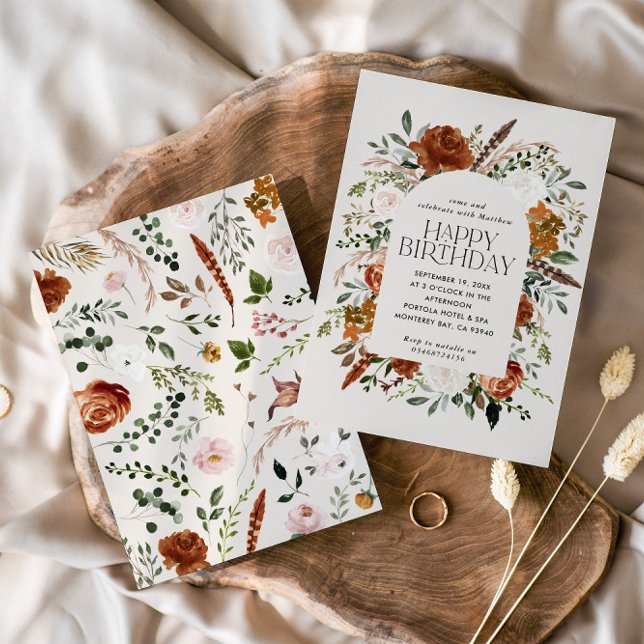 Terracotta floral botanical birthday modern rustic invitation (Creator Uploaded)