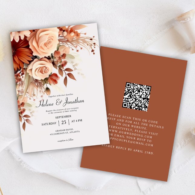 Terracotta Floral Botanical QR Code Wedding Invitation (Creator Uploaded)