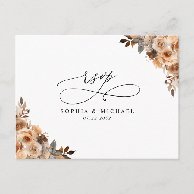 Terracotta Floral Botanical QR Code Wedding RSVP Postcard (Front)