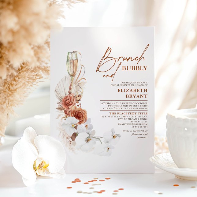 Terracotta Floral Brunch and Bubbly Bridal Shower Invitation (Brunch and Bubbly Bridal Shower Invitations)