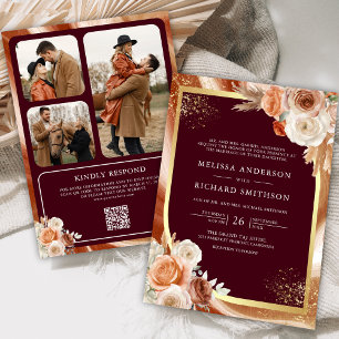 Terracotta Floral Burgundy Photo QR Code Wedding Invitation