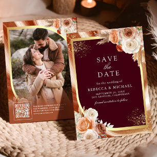 Terracotta Floral Burgundy QR Code Photo Wedding Save The Date