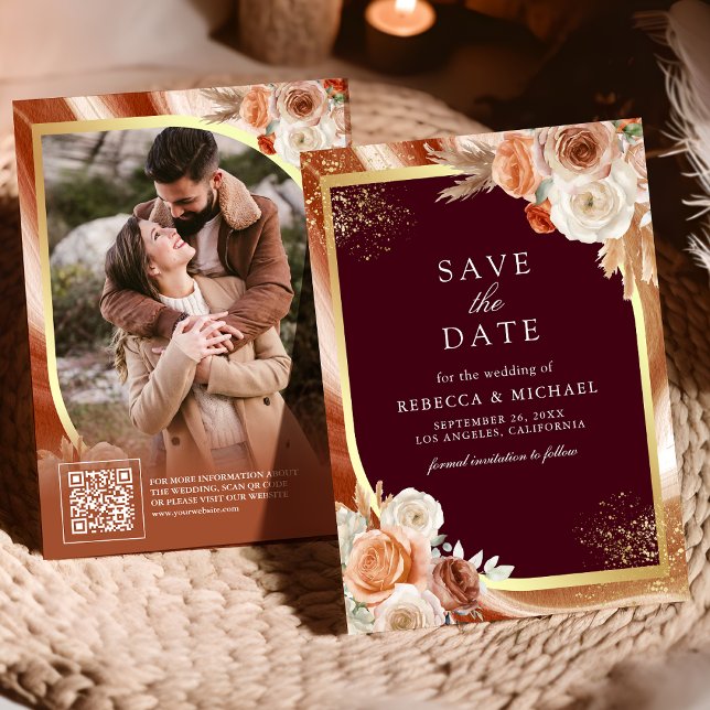 Terracotta Floral Burgundy QR Code Photo Wedding Save The Date (Creator Uploaded)