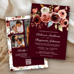 Terracotta Floral Burgundy QR Code Wedding Invitation