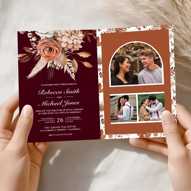 Terracotta Floral Burgundy QR Code Wedding Invitation (Creator Uploaded)