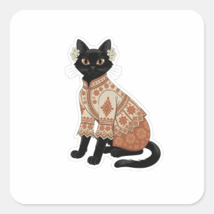Terracotta Floral Cat Folk Art Sticker