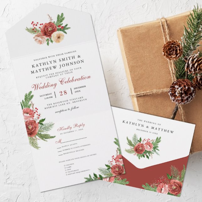 Terracotta Floral Christmas Foliage Winter Wedding All In One Invitation (Creator Uploaded)