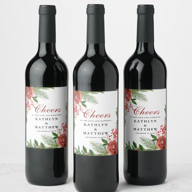 Terracotta Floral Christmas Pine Bough Wedding Wine Label (Creator Uploaded)
