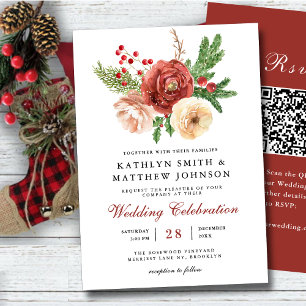 Terracotta Floral Christmas Winter Wedding QR Code Invitation